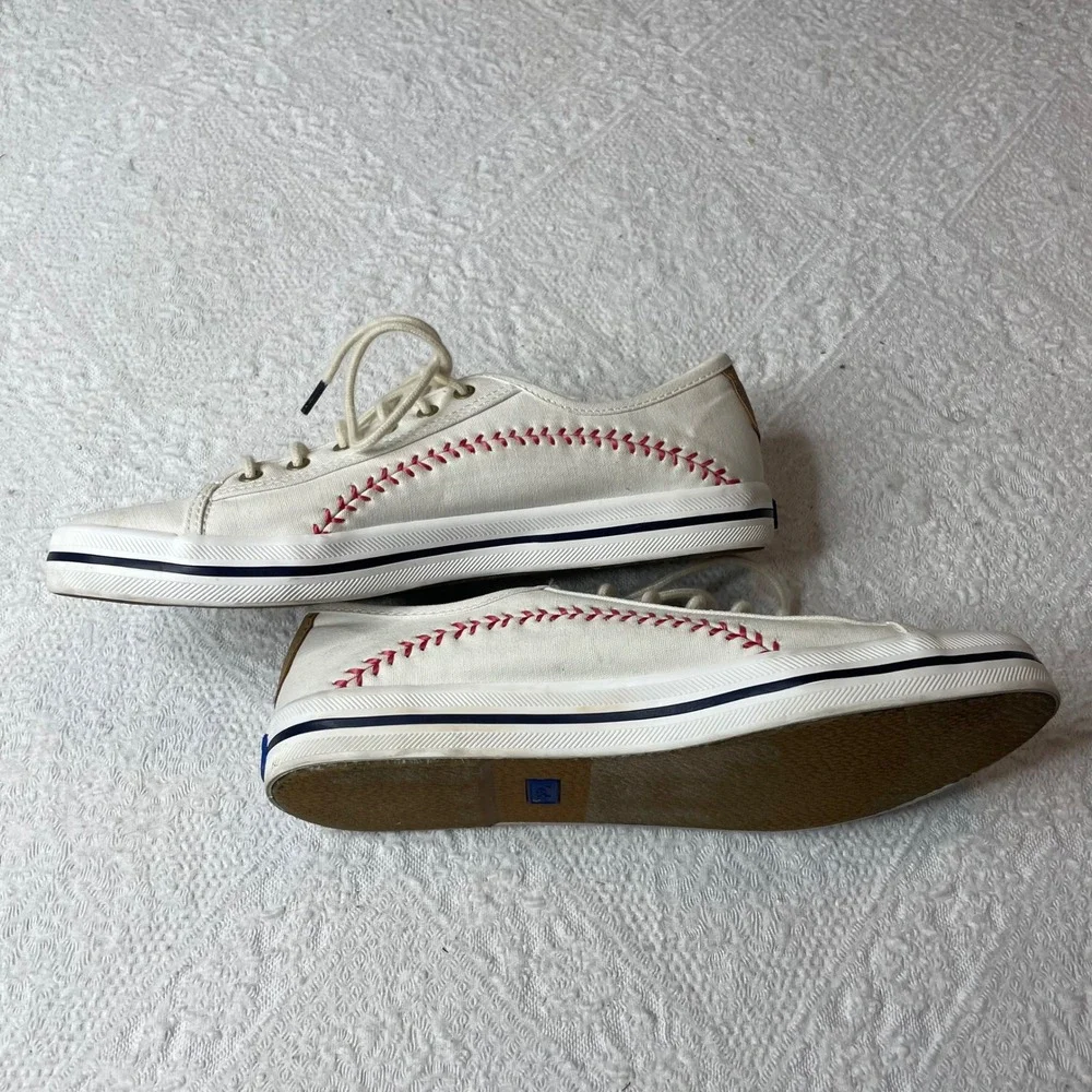 Keds Kickstart Baseball Canvas Sneakers Cream Red Stitching Womens Shoes